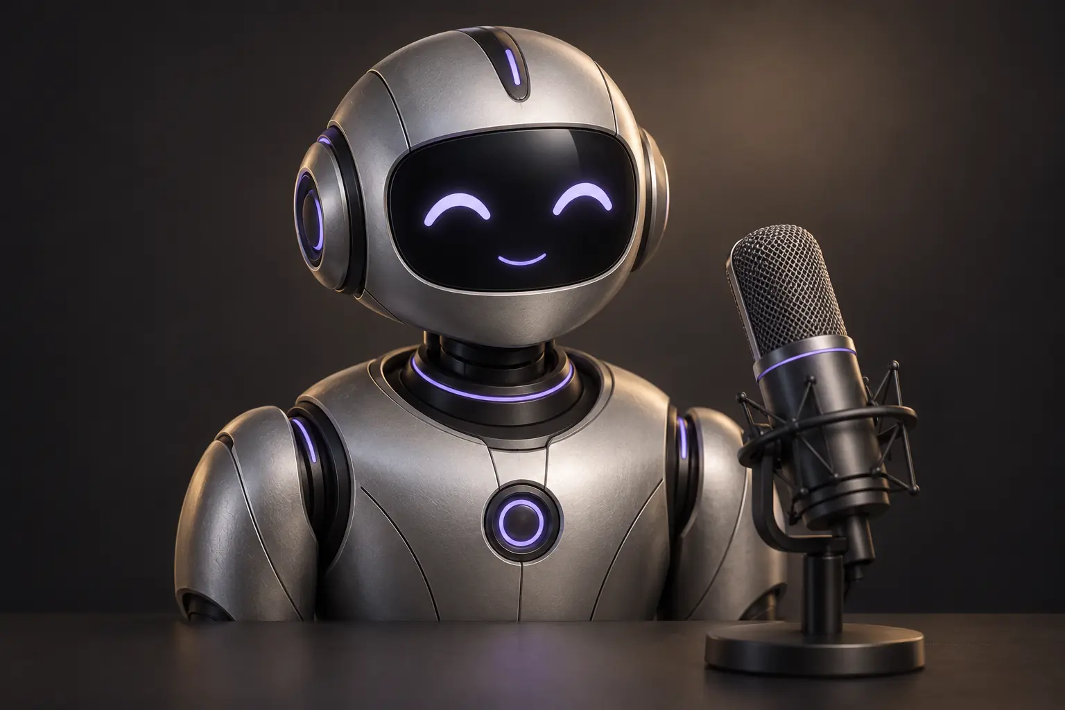 A friendly silver robot beside a studio microphone.
