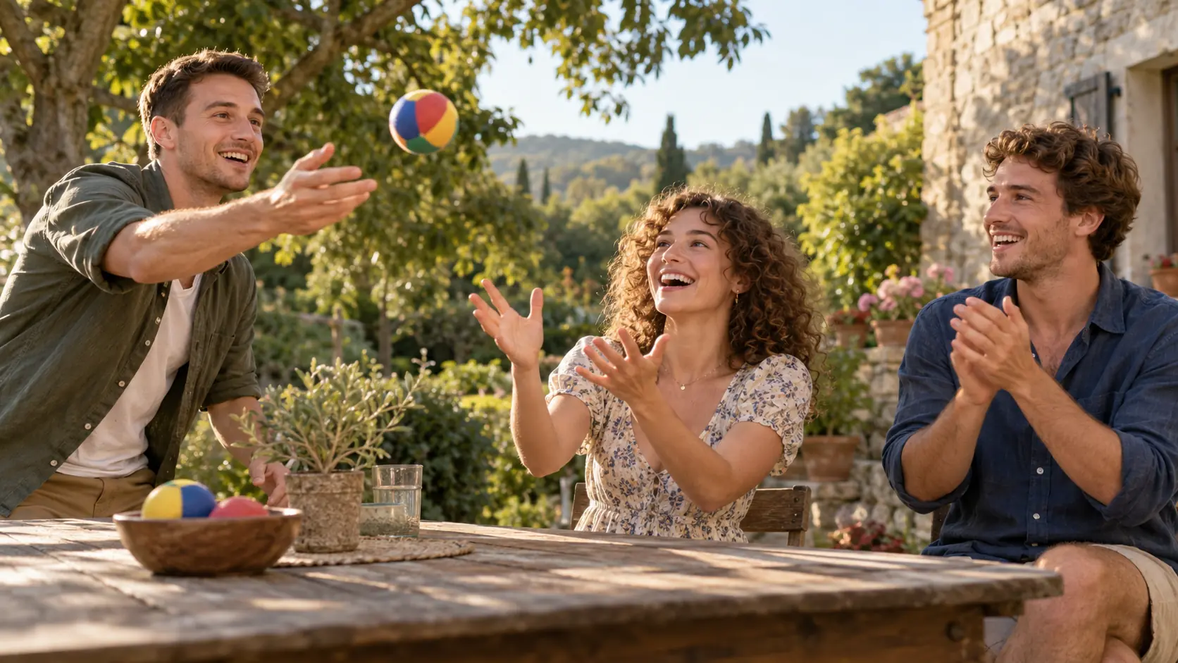 Three friends sharing a playful challenge in a sunlit courtyard