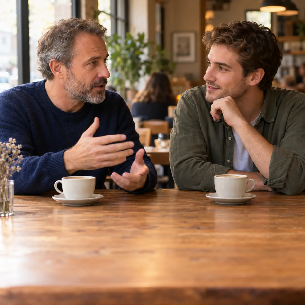 Two friends having a natural conversation in a warm cafe
