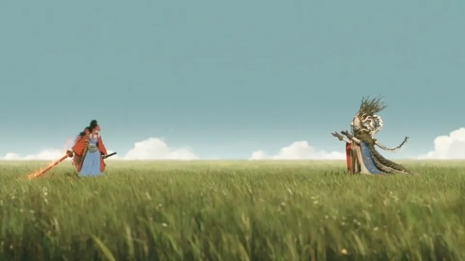AI video · anime swordswoman and plant sprite battle
