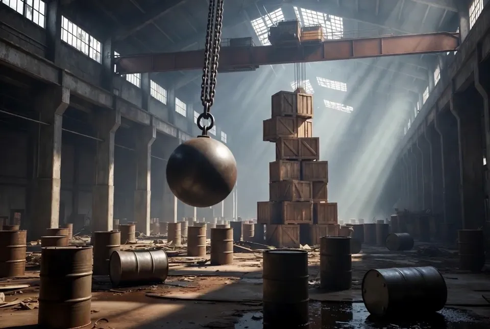 AI video · Cinematic Warehouse Wrecking Ball Destruction