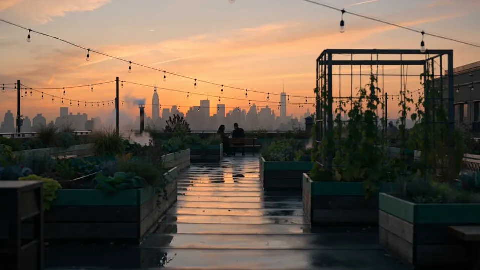 AI video · city rooftop garden at golden hour