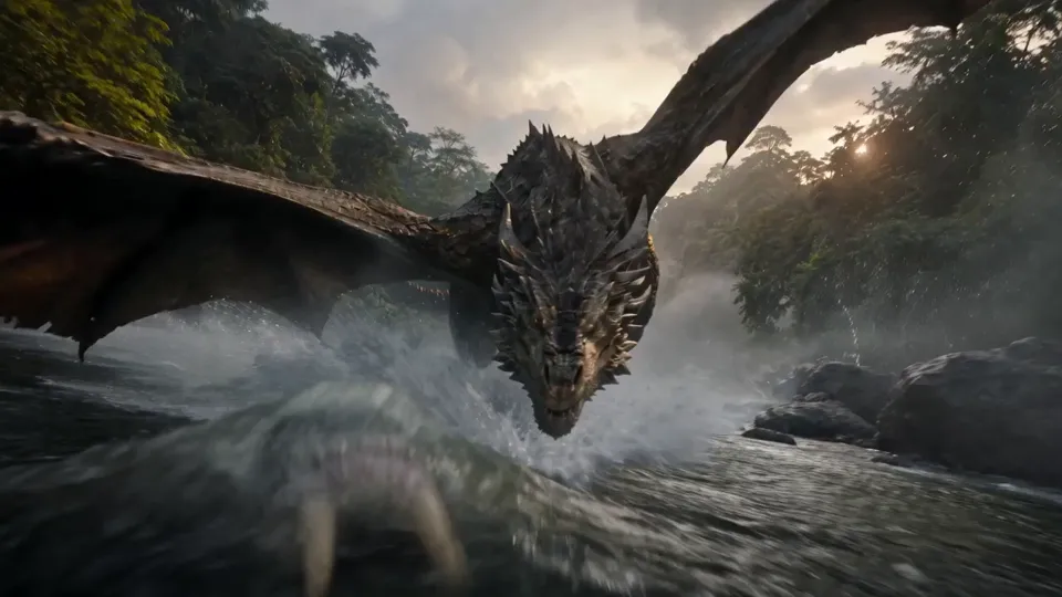 AI video · dragon dodging the river