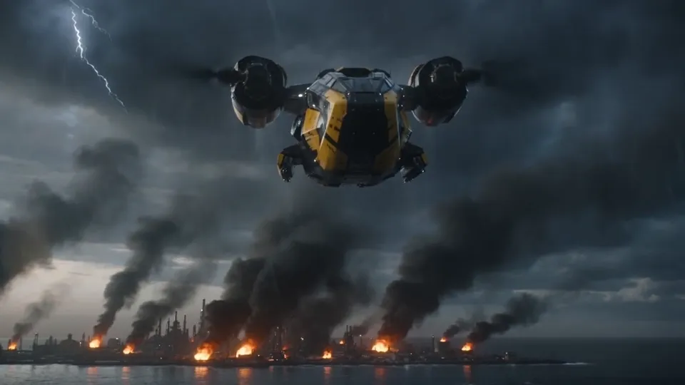 AI video · gunship unleashes energy cannon