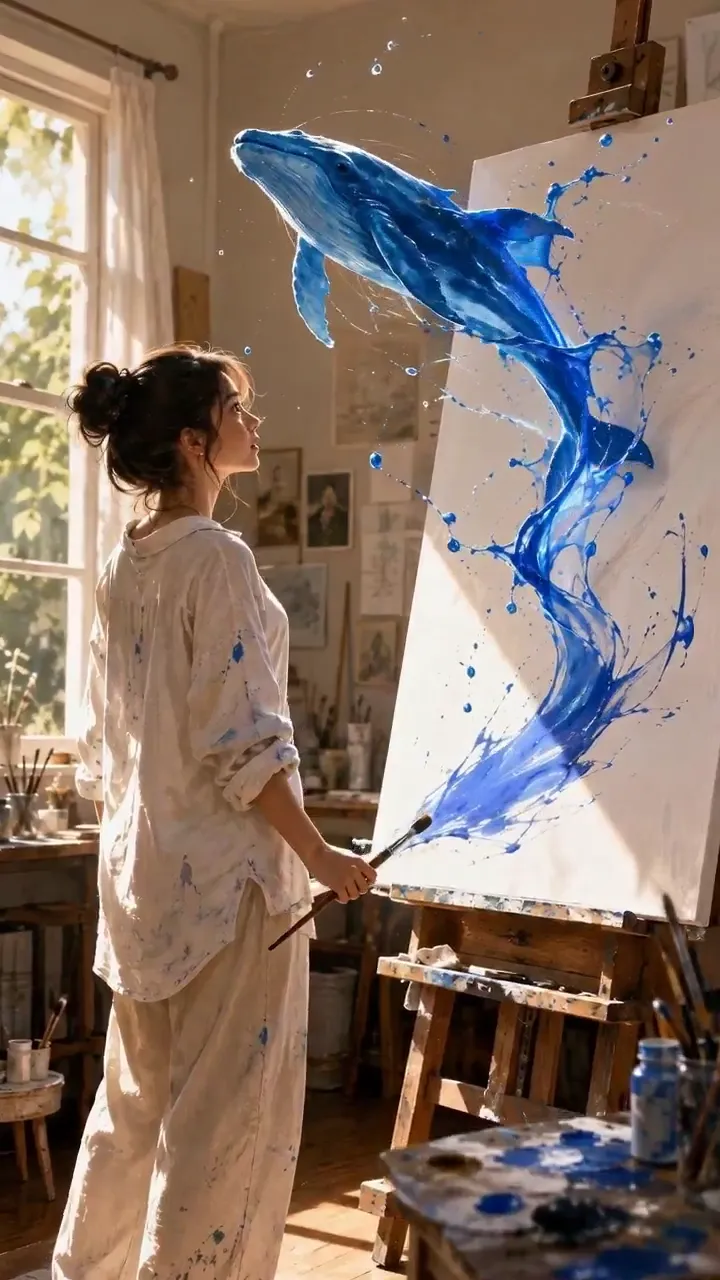 AI video · paint to whale transformation