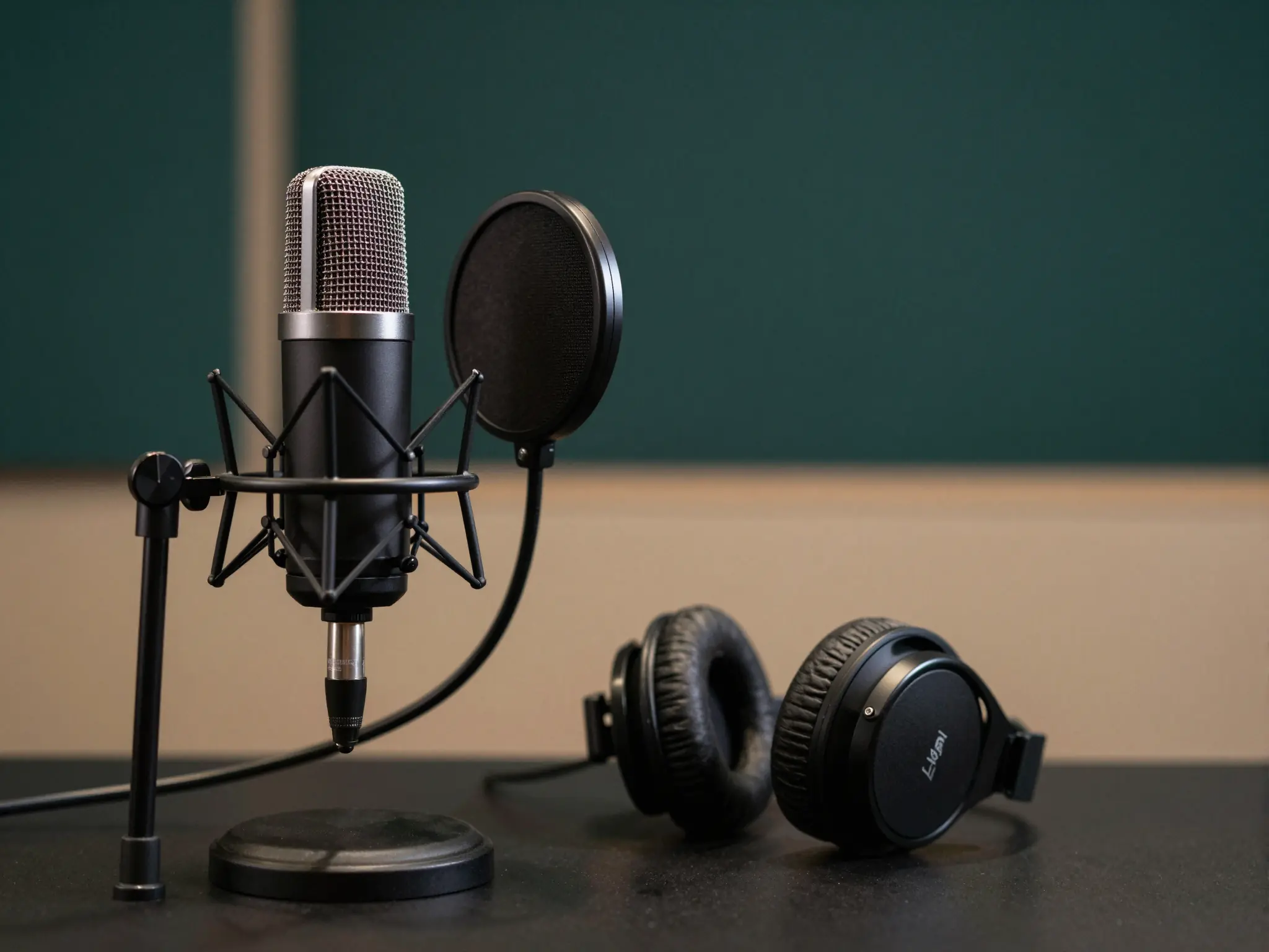 Un micrófono de estudio y auriculares para grabar una pista de voz